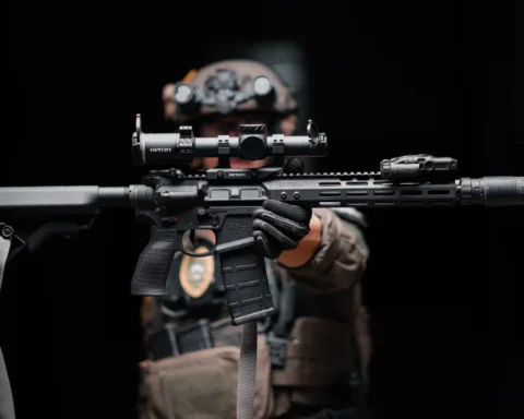 Officer in tactical gear holding 5 Tactix 1-10x24 Riton Scope