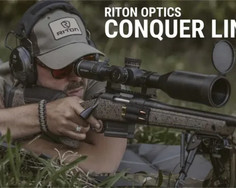 Riton Conquer Line graphic with a man aiming a long range rifle