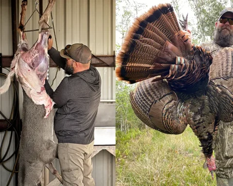 a man skinning a deer and holding a wild turkey