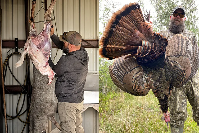 a man skinning a deer and holding a wild turkey