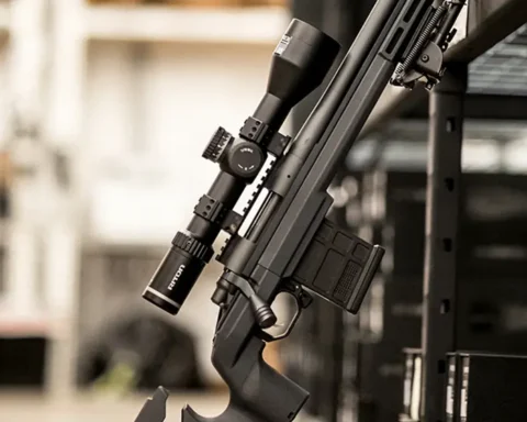 long range rifle with a scope leaning on a shelf in a warehouse