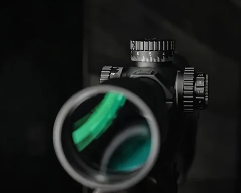 Rifle scope laying on a table with a view of the objective lens