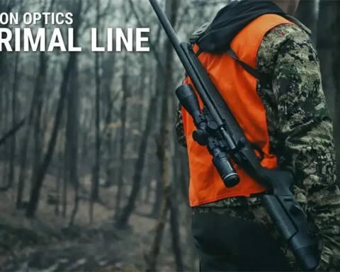 Riton Primal Line graphic with a hunter wearing orange and camo with a gun over his back