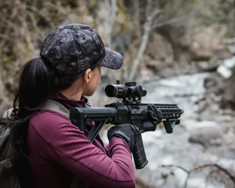 woman holding a AR with an LPVO near a river