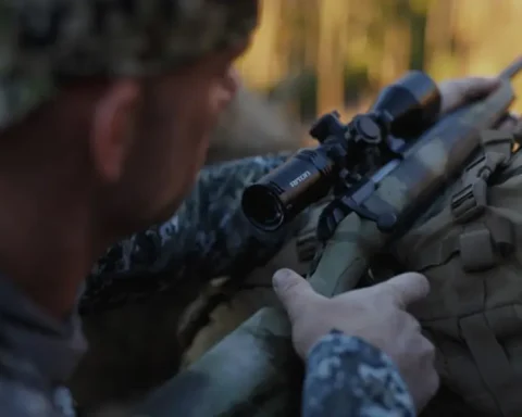 Rifle leaning on a backpack while a shooter holds it